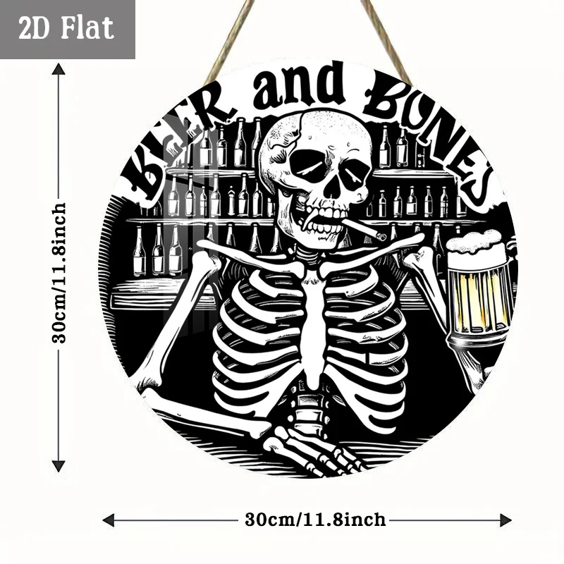 2D Flat, 1pc Retro Beer-Themed Wall Decor - Round Skeletal Brewing Art Panel, Wooden Punk Rock Hanging Sign Suitable for Home, G