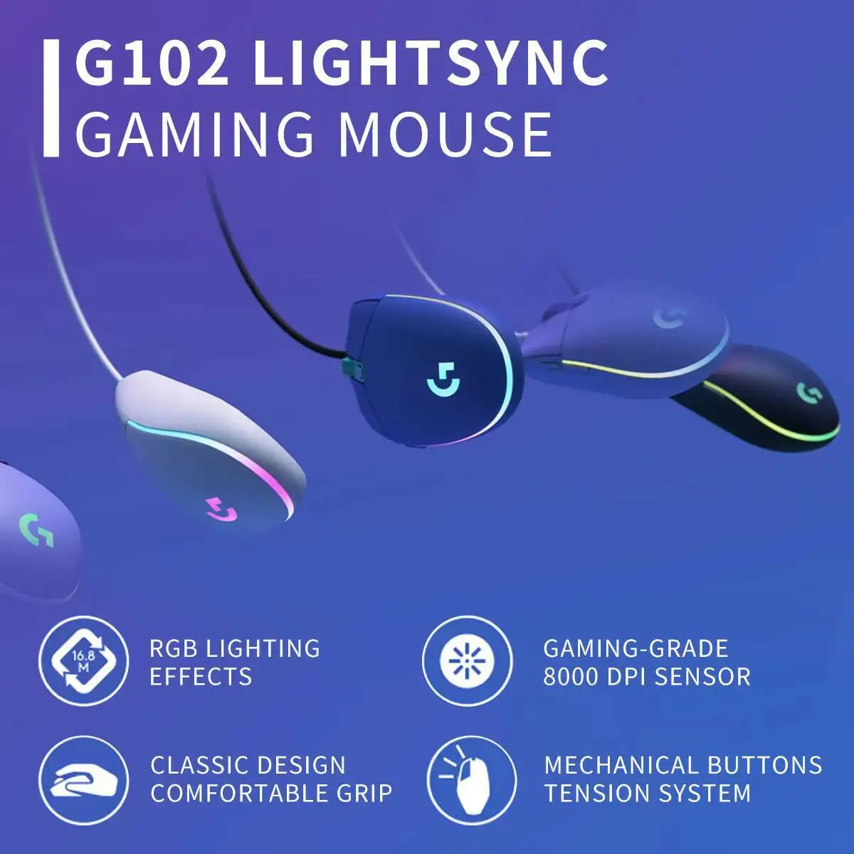 Logitech G102 Gaming Mouse, 8000 DPI Adjustable, LIGHTSYNC RGB, 1000Hz Polling, Ergonomic Grip for Long Gaming Hours