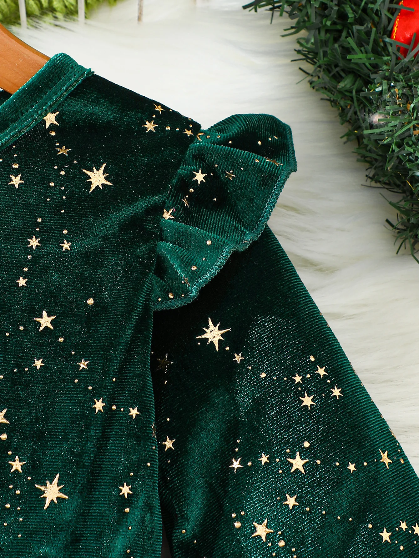 Mädchen Samt Langarm Prinzessinnenkleid Weihnachtssternmuster Herbst Winter Kinderkleidung Kindermode – Detail 8