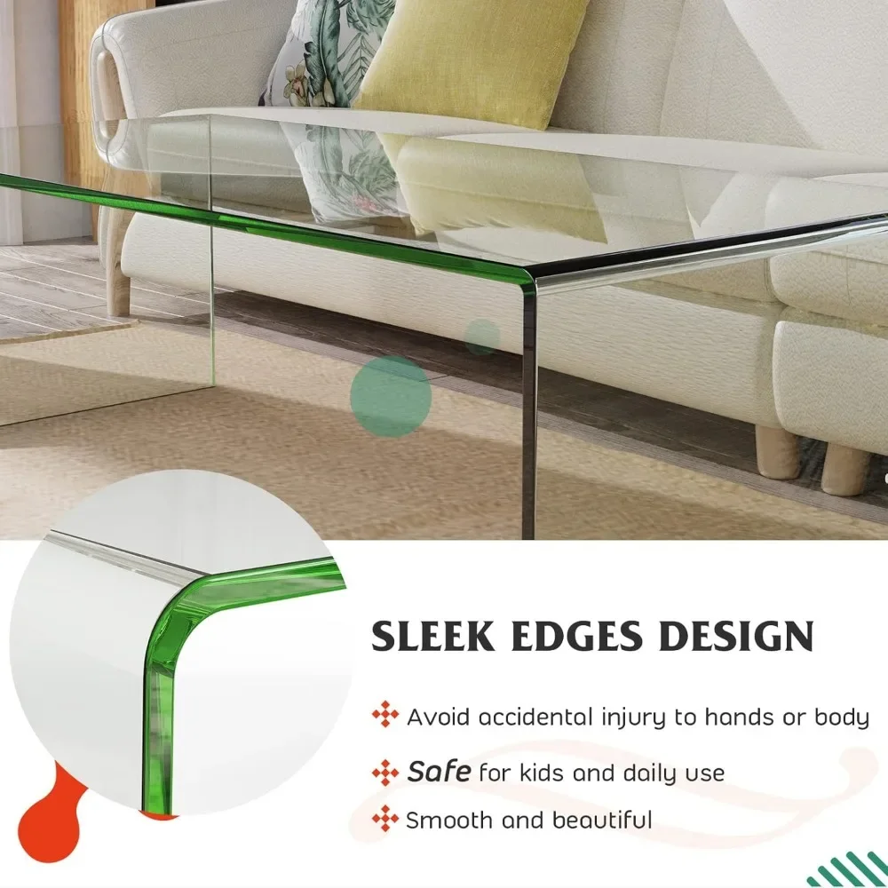 42.5" L × 20" W ×14" H, Modern Home Furniture, Clear Tempered Glass End Table, Waterfall Table with Rounded Edges