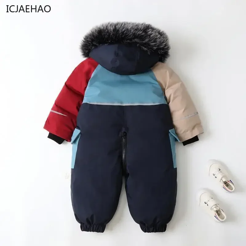 

2025 Children Jumpsuits Thick Warm for Boys Baby Coat Winter Patchwork Color Hooded Baby Girl Romper Skiing Clothing