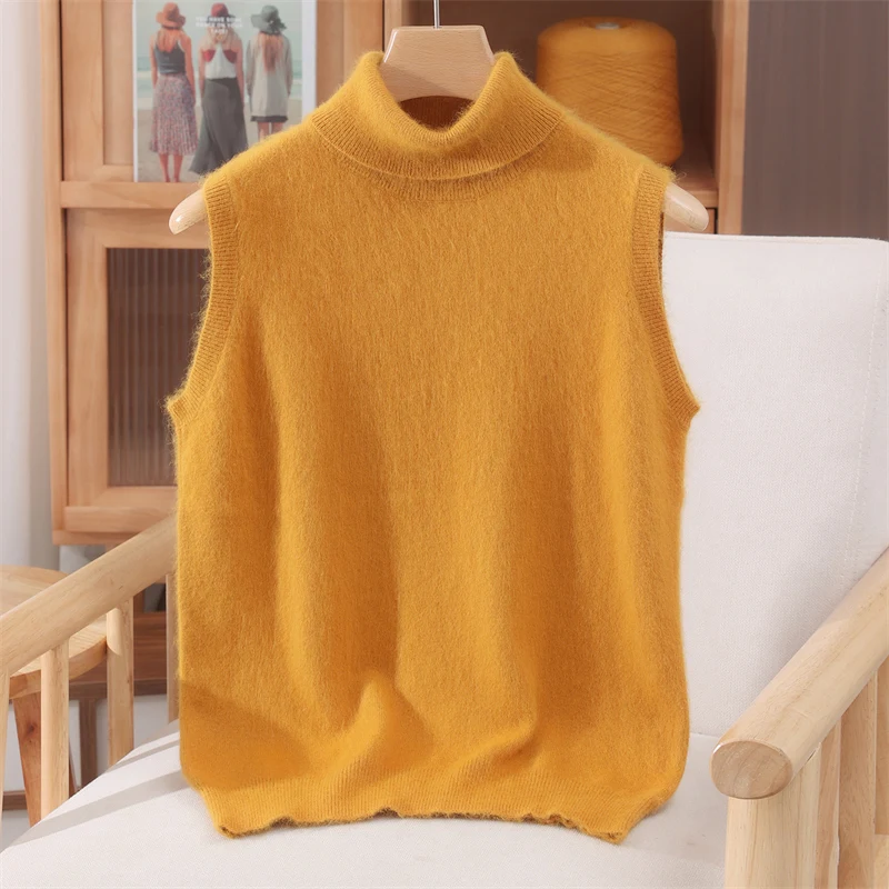 Chic Sweet Style Women's Vest Turn-Down Collar Sweater 100% Mink Cashmere Soft Warm Sleeveless Pure Color Casual Autumn Winter