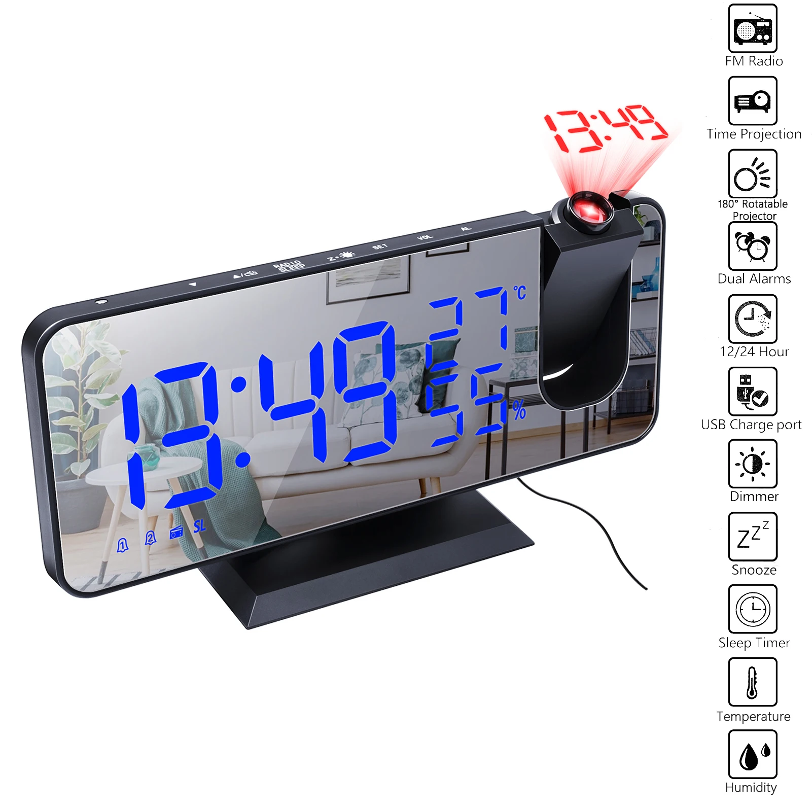 Digital Projection Alarm Clock with Mirror Surface 4-in-1 180 Degree Projector Clock Indoor Temperature Humidity Monitor FM Radi