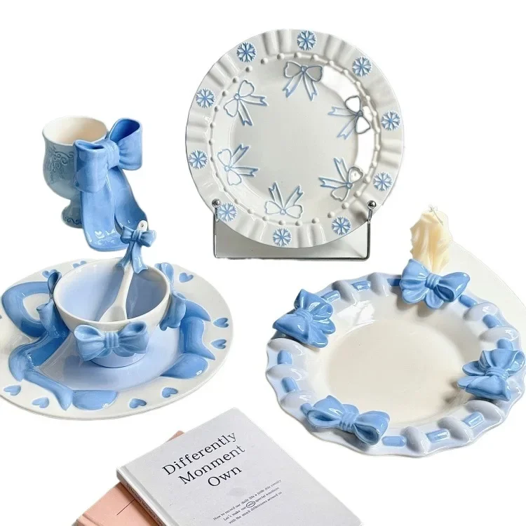 Bow underglaze tableware French romantic relief three-dimensional ceramic plate plate bowl dessert plate gift