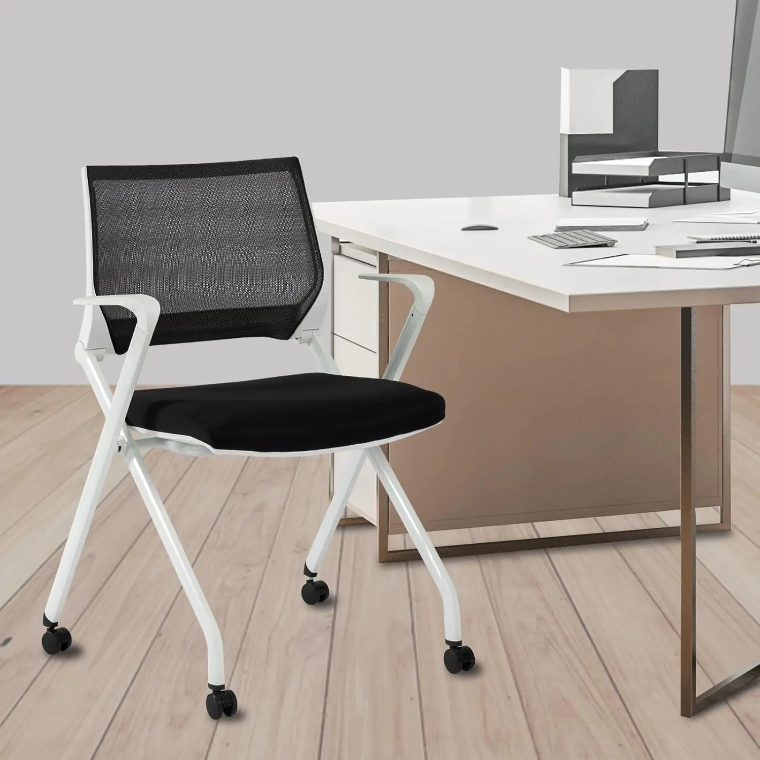 CLATINA Foldable Reception Guest Chair with Wheels, Ergonomic Mesh Lumbar Support Thickened Cushion,Stackable Conference