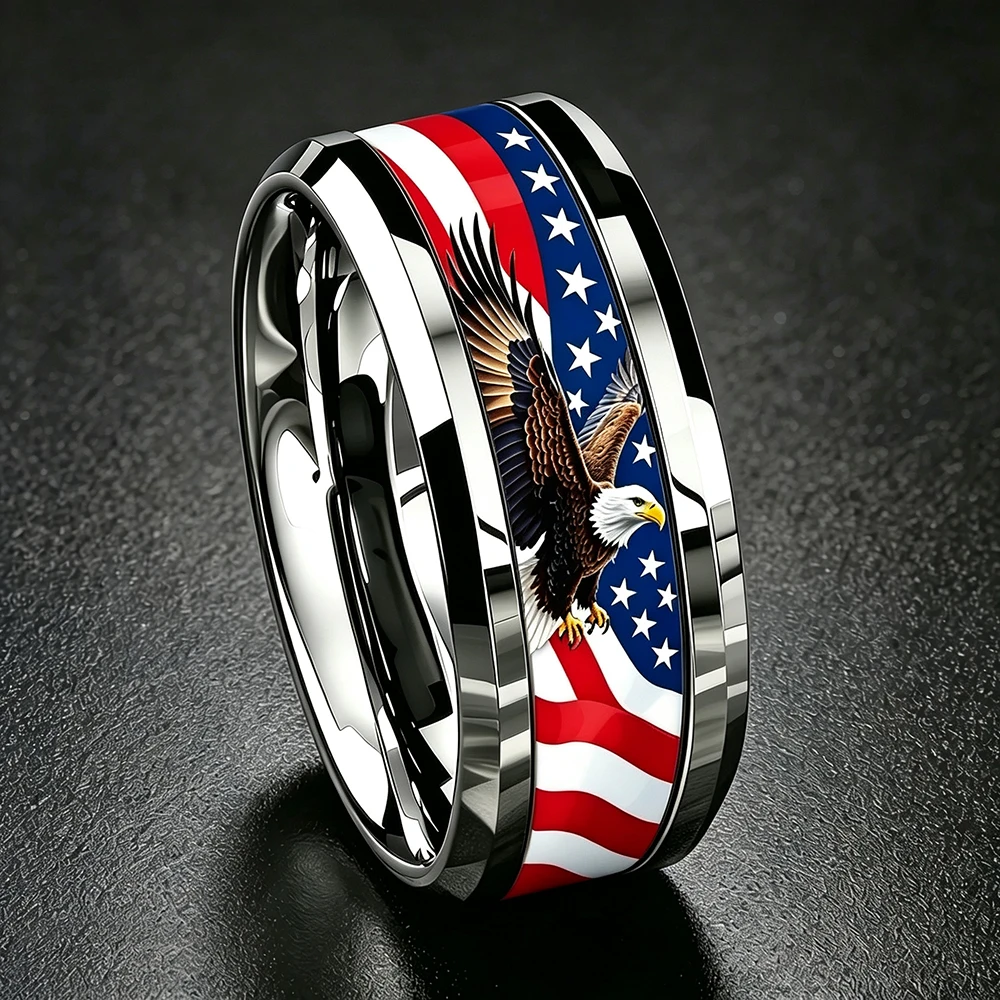 Cool Stainless Steel Flying Eagle Ring with The Flag Pattern Inlay Rings for Men Women Hiphop Rock Biker Jewelry Birthday Gifts