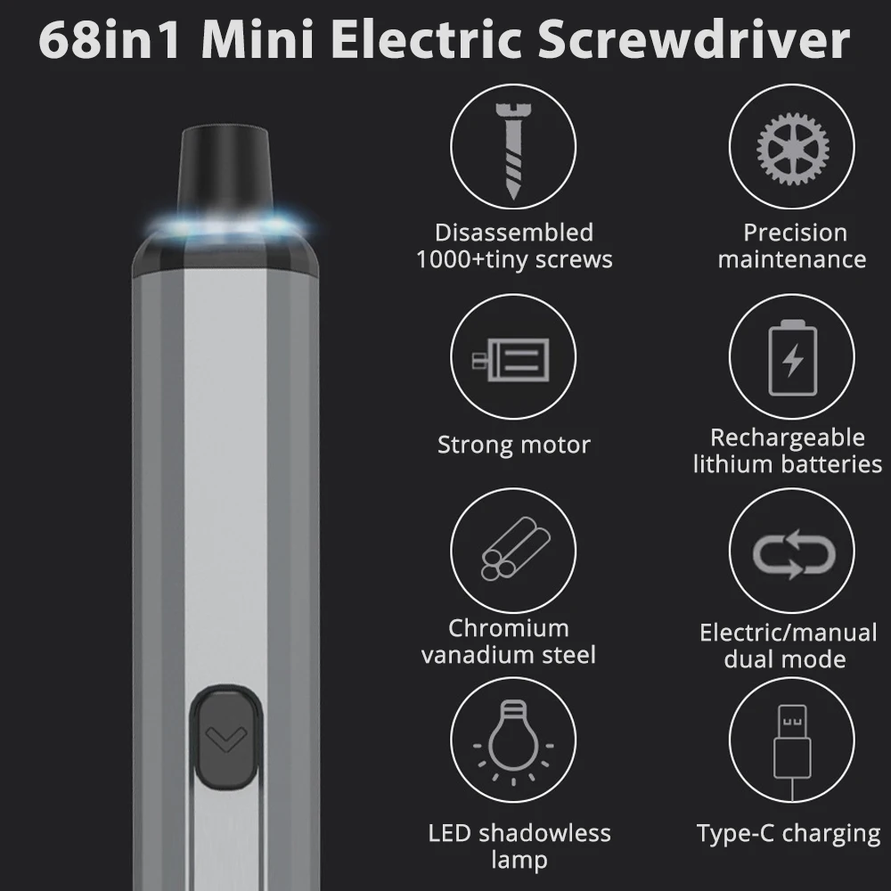 68in1 Mini Electric Screwdriver Precision Electric Screwdriver Magnetic Storage Precision Maintenance/ Steel/Type-C Charging/LED