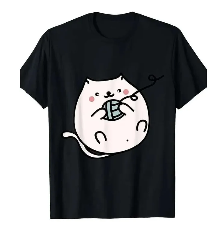 Cute Cat Playing Yarn Ball Short-sleeved Printed T-shirt Top Unisex Kawaii Kitten Cartoon Graphic Casual Streetwear for Women