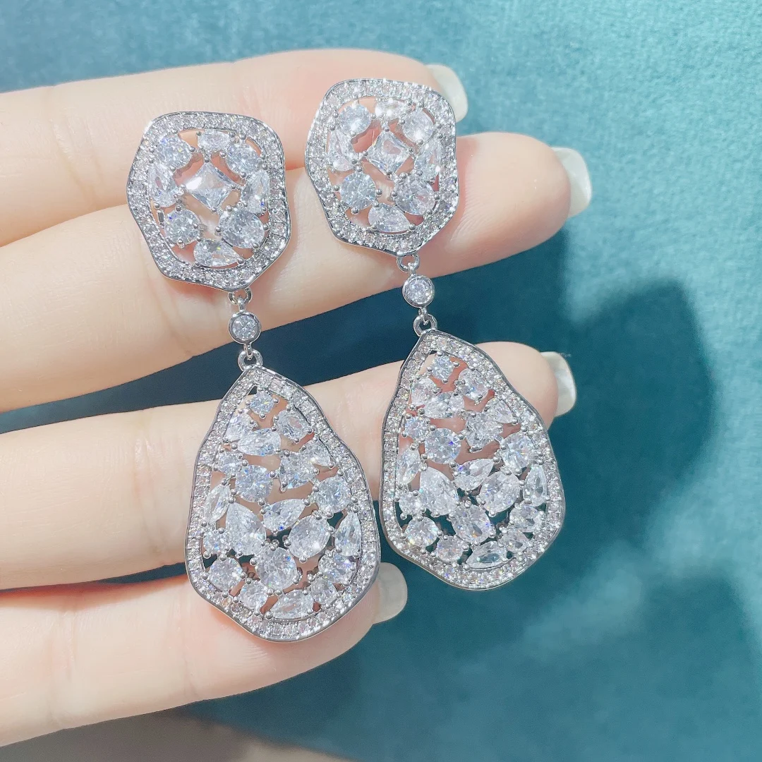 

HIBRIDE Sparking Geometric Design Cubic Zirconia White Color Women Drop Earrings For Brides Wedding Jewelry Accessories E-1131