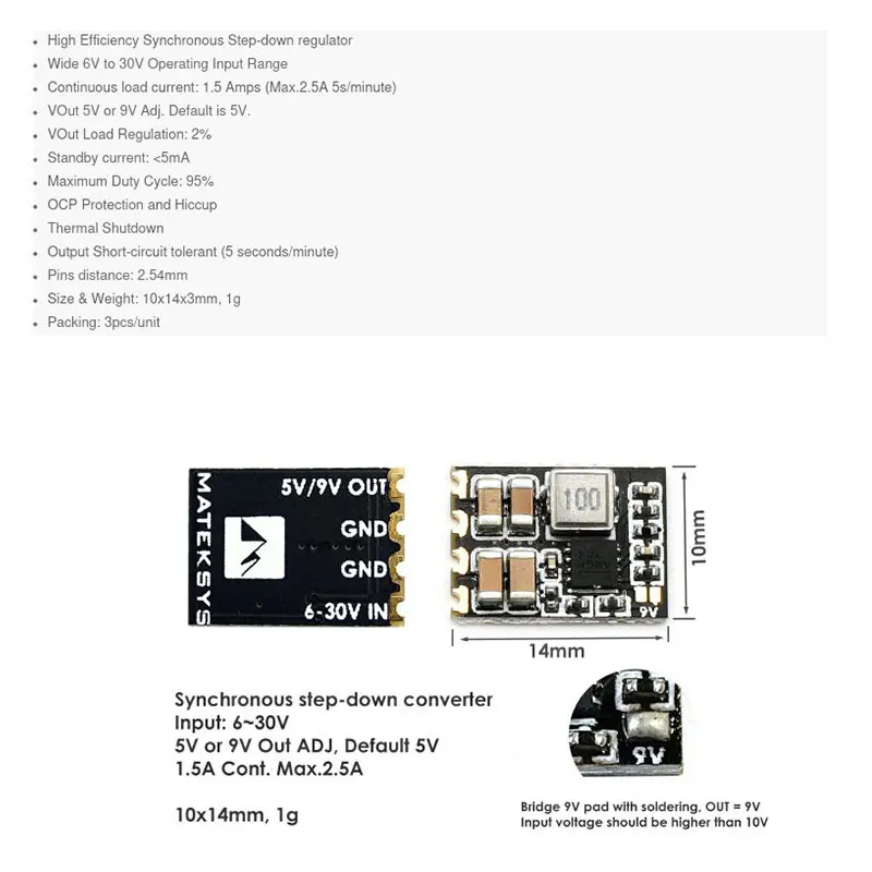 Matek Micro BEC 6‑30V to 5V/9V‑ADJ Synchronous Step‑Down Converter 1.5A Cont Max 2.5A RC Drone Voltage Regulator Module 3Pcs