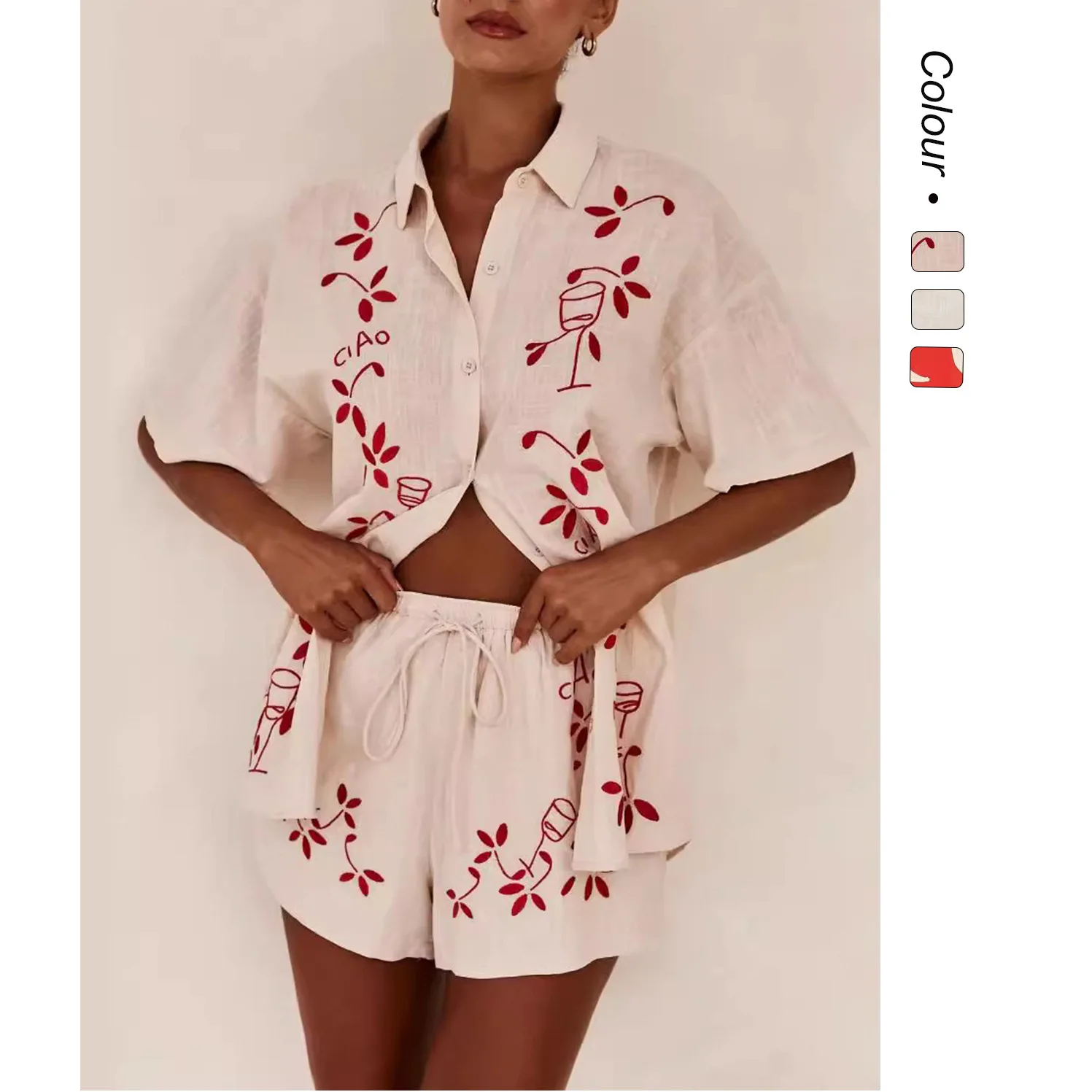 25 春夏新作 3D刺繍入り 快適カジュアルショートシャツセット-88189