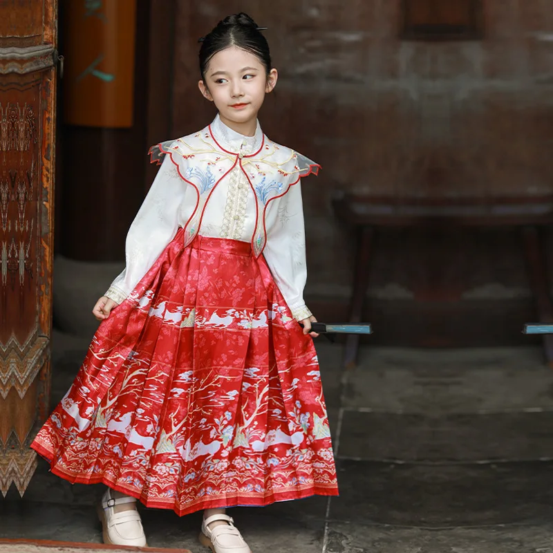 

2024 Summer Horse Faced Skirt Girls Hanfu Modified Antique Girl's Chinese Style Ancient Suit Ming Childrens Tang Long Sleeve