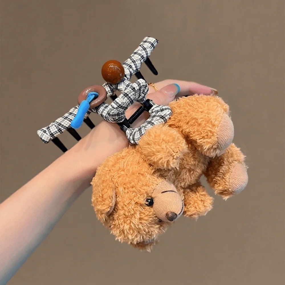 Sweet Pink Hair Clip Plush Bear Headband Lace Bow Fluffy Blue Plaid Scrunchies Soft Non-slip Texture Hair Hoop Makeup