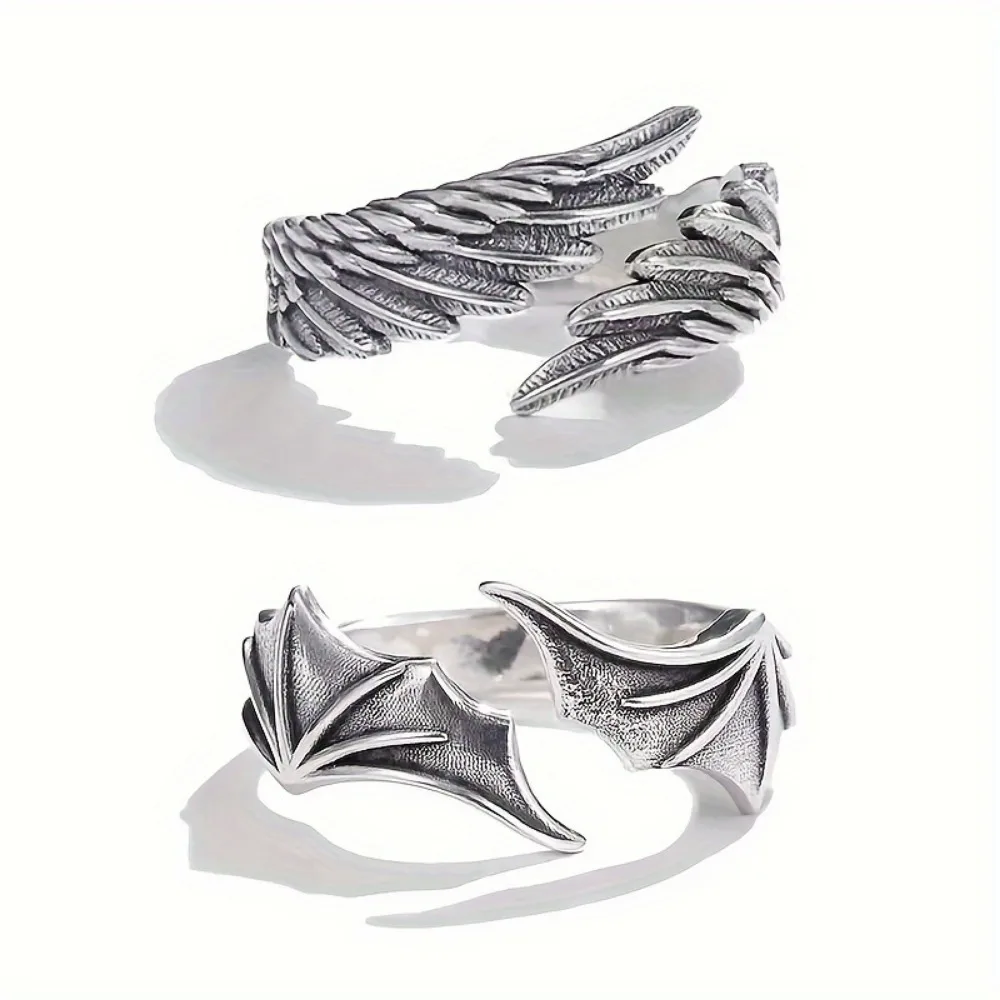 1pc/2pcs Silvery Angel/Demon Wings Design Open Ring, Creative Decorative Pair Ring, Holiday Gift for Best Friend