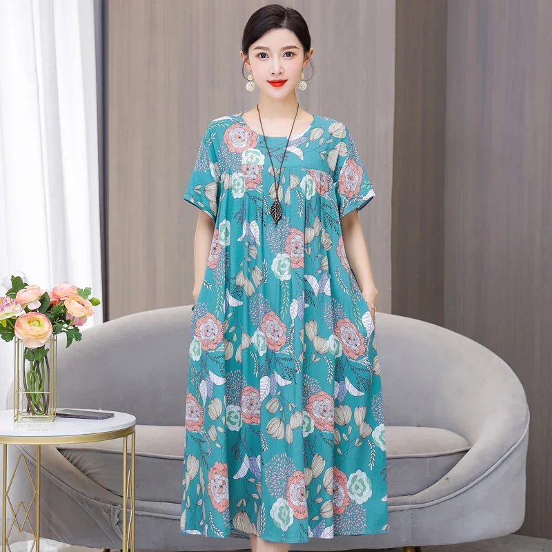 

Middle Aged Women's Elegant Loose Dresses Korean Style 2023 New Summer Vintage Print Long Dress for Women Summer Clothes