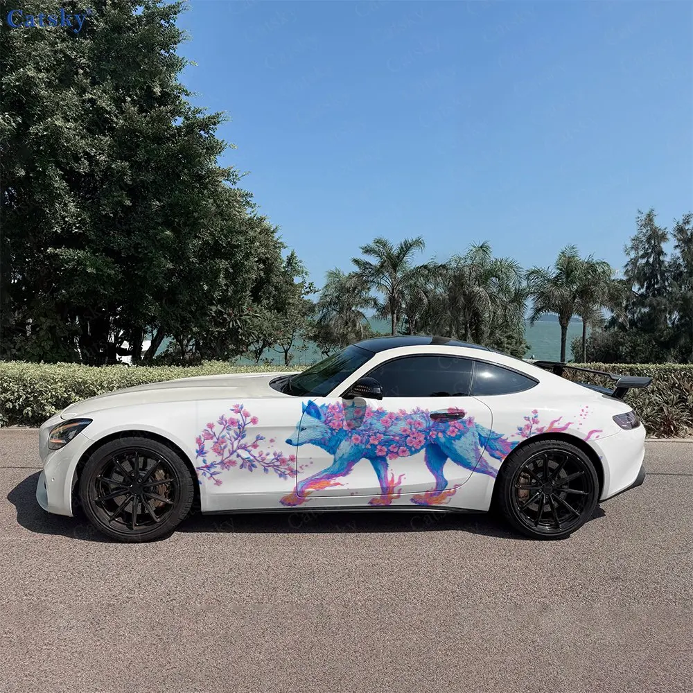2pcs Fantasy Wolf Magenta Flower Car Side Wraps, Self-Adhesive PVC Waterproof & Scratch-Resistant Stickers, Car Accessory Gift
