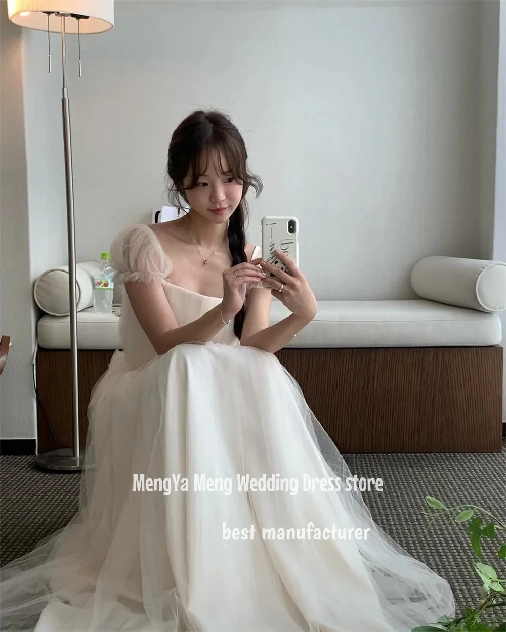 ZHUISHU Semplice colletto quadrato A Line Tulle Abiti da sposa Corea Servizio fotografico Maniche corte Lunghezza pavimento Abiti da sposa Personalizzati