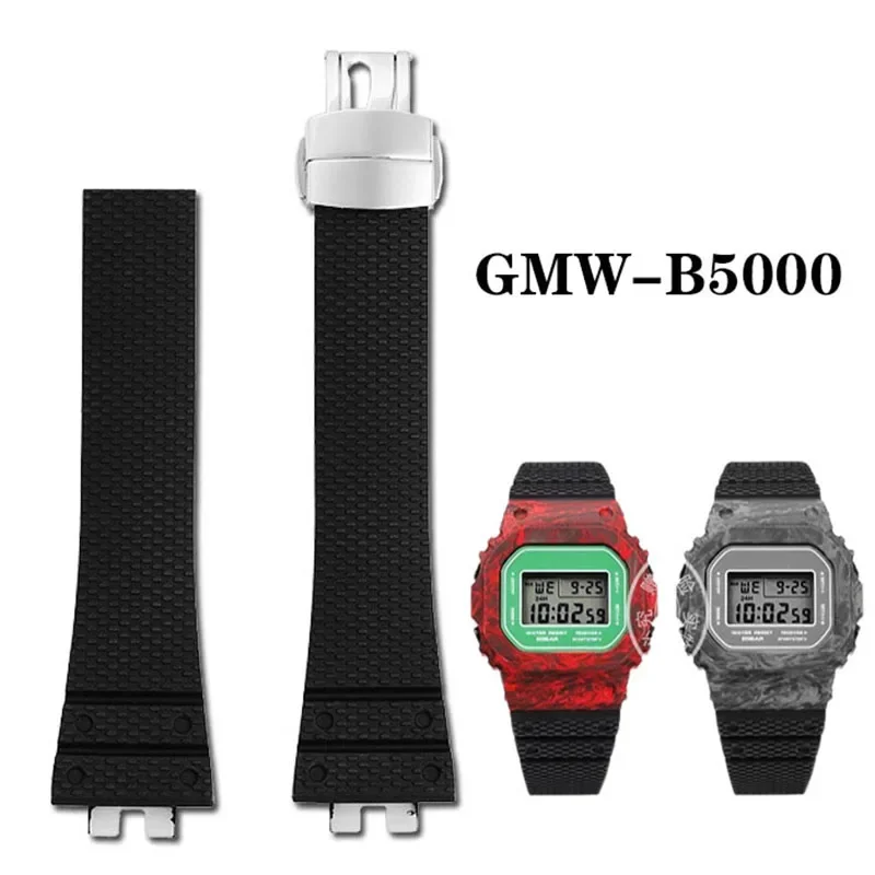 High Quality FKM Rubber Strap For Casio Modified GMW-B5000 GM-B2100 Particle Fluoro Rubber Wristband Folding Buckle Watch Band