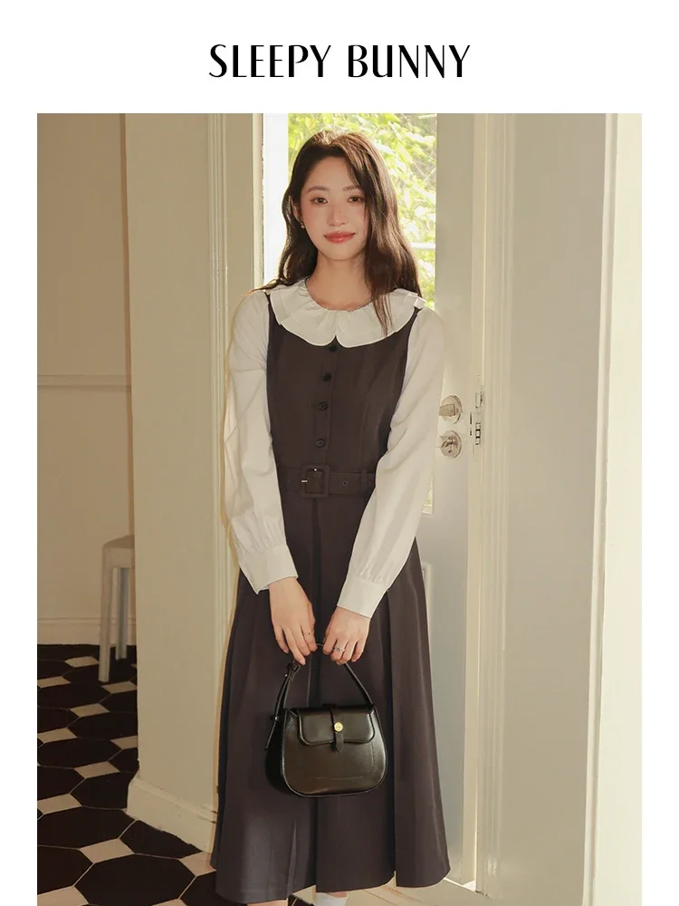 

French Style Contrast Ruffle Collar Maxi Dress Women Spring Elegant Faux Two-Piece Dress High Waist Flowing Long Sleeve Dress