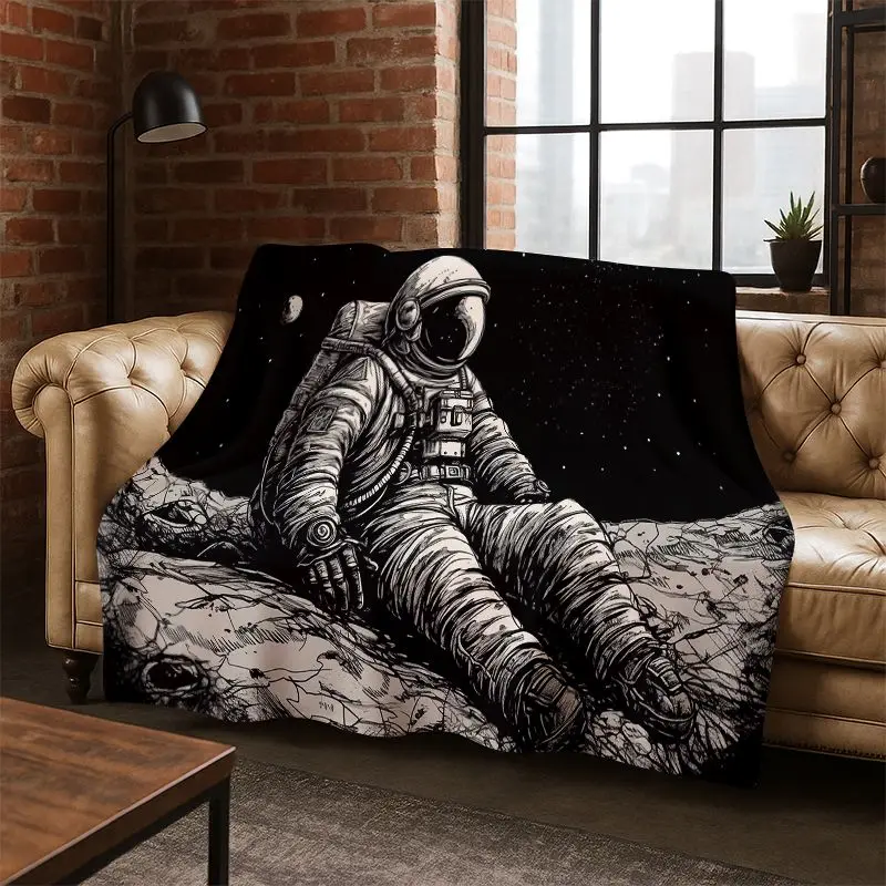 Cartoon Astronaut Universe Spaceman Outer Space Flannel Blanket Soft Warm Throw Blanket for Bedroom Living Room Bed Travel kids