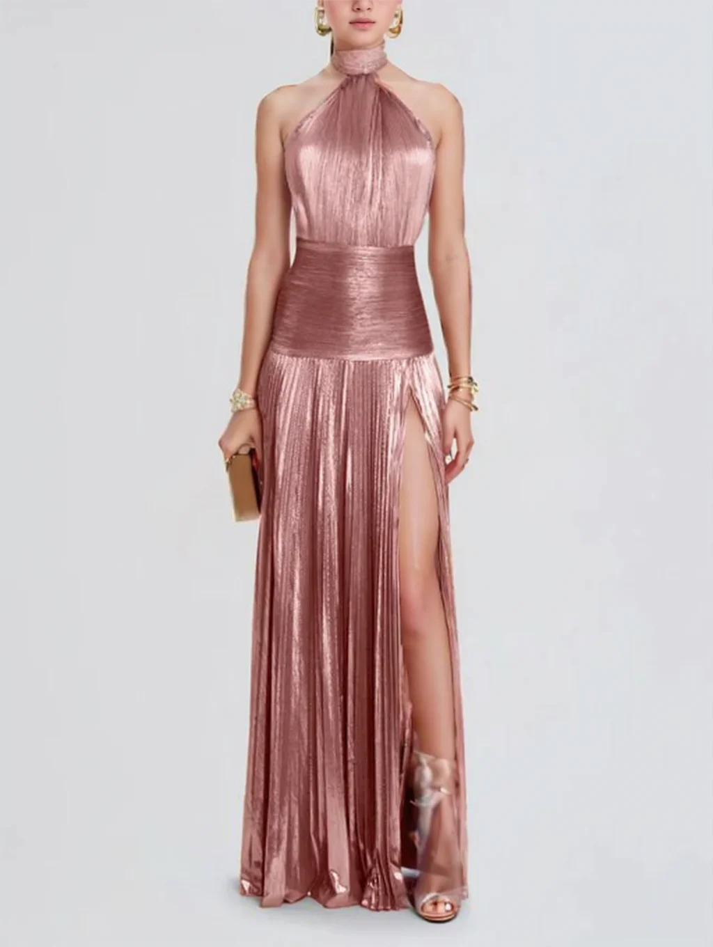 Vestido de noche formal largo plisado sin espalda con cuello halter sexy