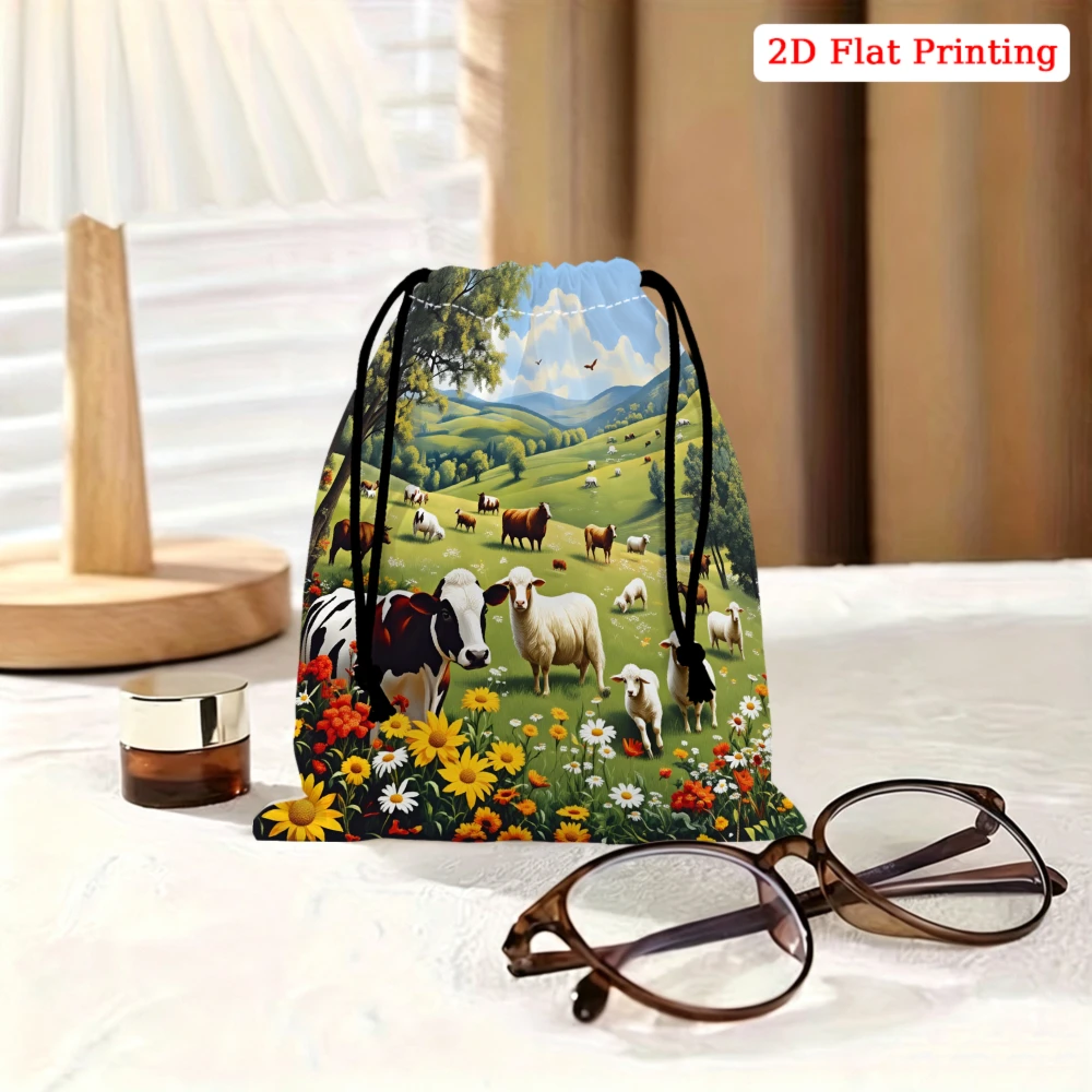 1pc Casual Drawstring Bag Green Pastoral Cow Sheep Flower Print Storage Small Pouch Travel Organizer For Women Men Lightweight