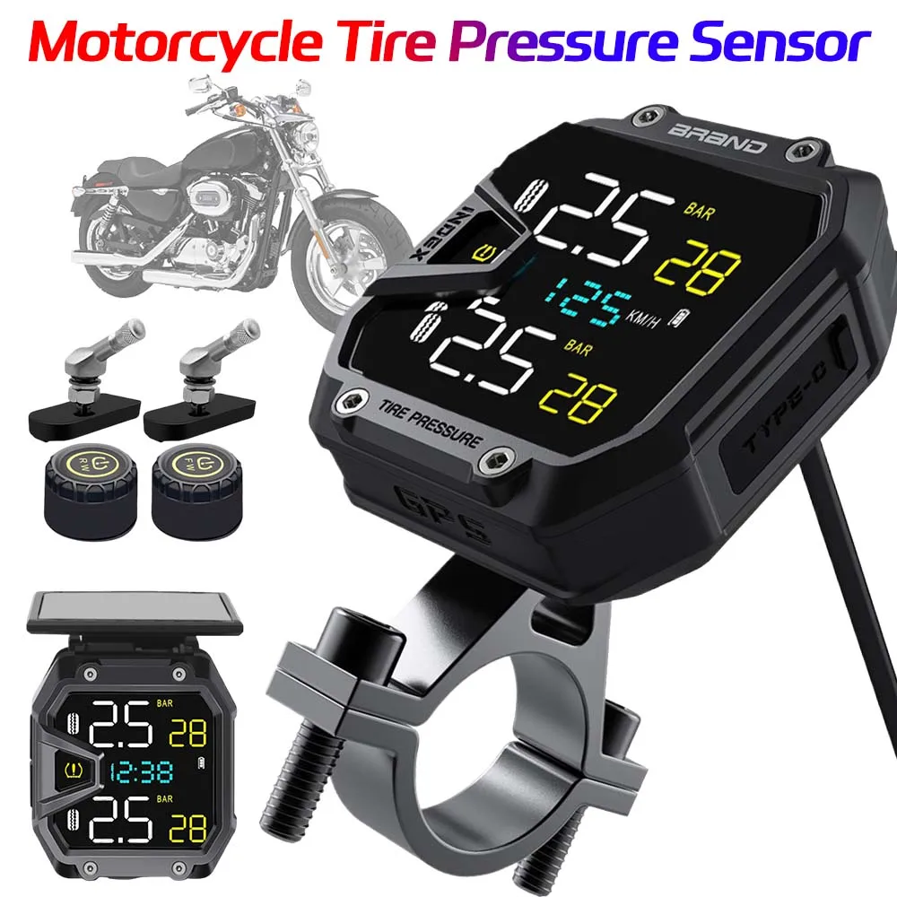 

TPMS Motorcycle Wireless Tire Pressure Sensor Tire Pressure Monitoring System Detector Solar Charge Temperature Alarm Sensor
