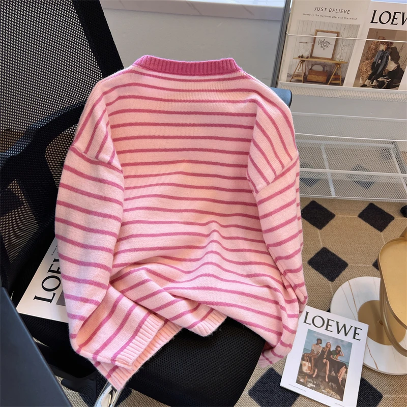 Sweet Spicy Pink Striped Knitted Sweater for Women Spring Autumn Long Sleeve Side Split Loose Pullovers Korean Women's Tops