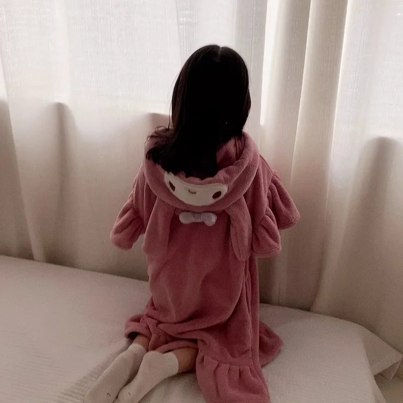 Anime Kids Bathrobe Cinnamoroll Soft Quick Drying Bath Towel Cute Sanrio Melody Kuromi Girl Dry Hair Cap Pajamas Dress Homewear