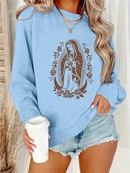 Comfort Sweatshirt Women Virgin Mary Graphic Print Crewneck Tops Long Sleeve Pullover Clothing Woman for Spring Autumn