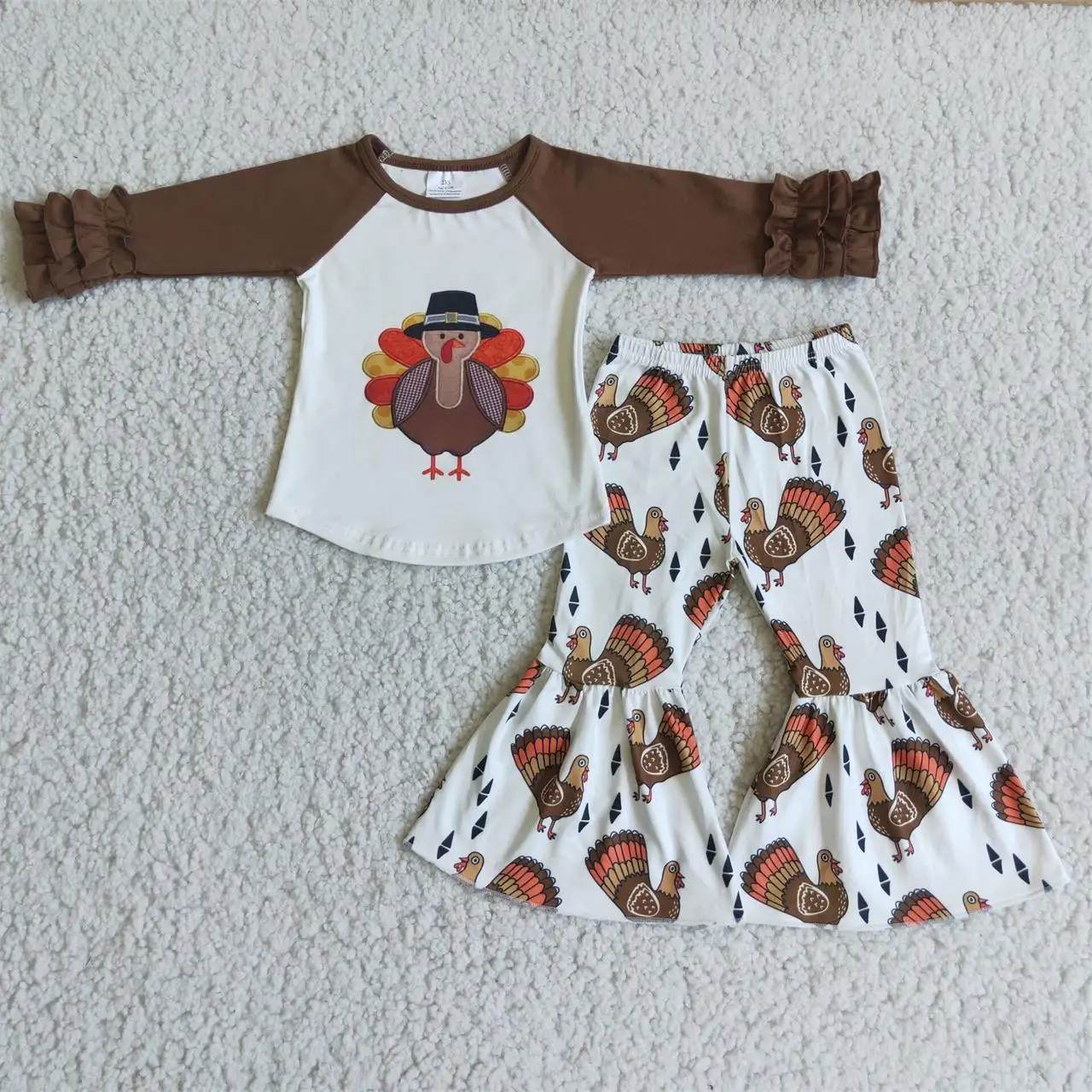 Wholesale Children Kids Fall Outfit Baby Girl Long Sleeves Clothes turkey Shirt Toddler Bell Pants Thanksgiving Clothes