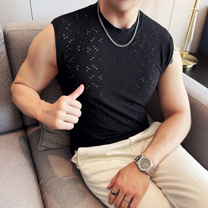 

Summer Men's Sleeveless Vest Trend Hollowed Out Vest T-shirt Solid Color Round Necked Casual Street Wear Tee Tops Men Clothing