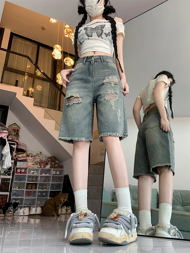 

Джинсовые брюки с пятью точками в стиле ретро, женские свободные брюки средней длины с высокой талией, прямые широкие брюки, лето 2024