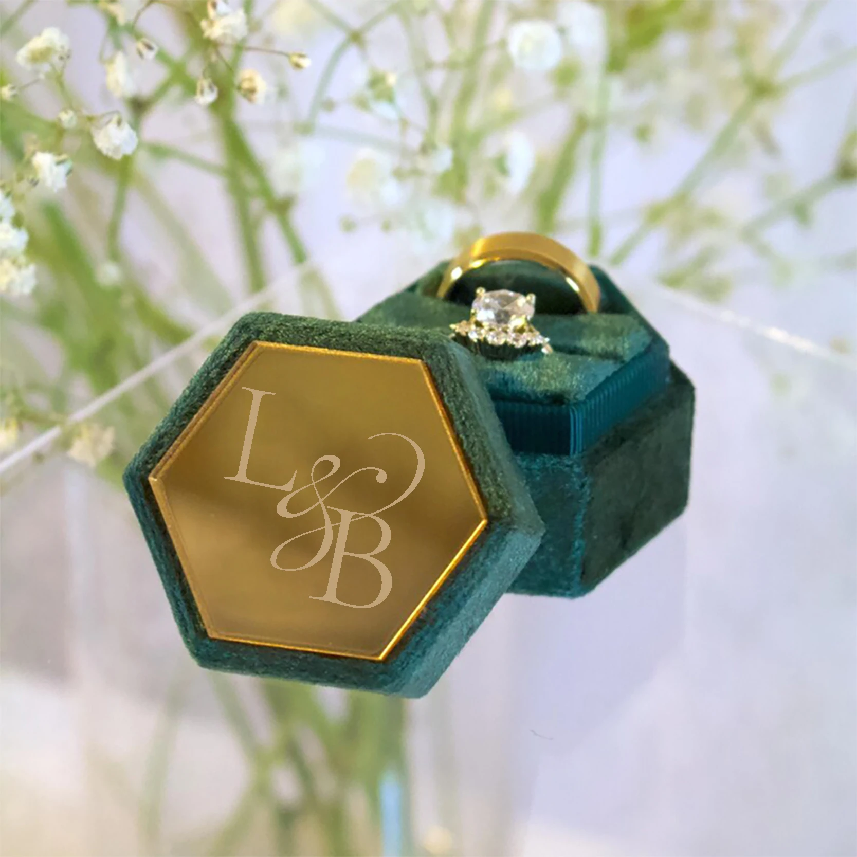 Personalized Hexagonal Velvet Ring Box with Mirror Acrylic Double Slot, Customized Wedding Engagement Proposal Gift,