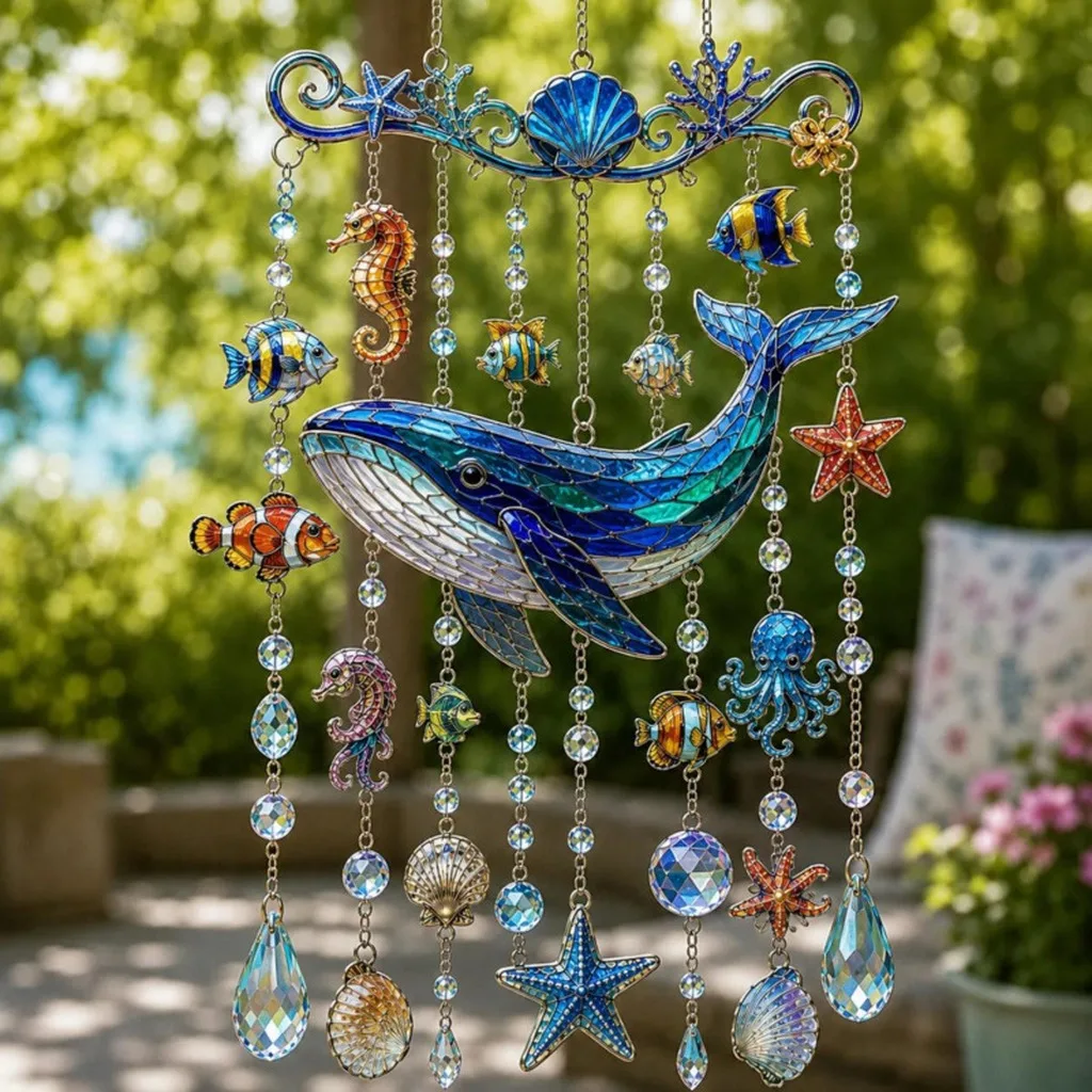 Sparkling Stained Glass Style Sea Turtle Ocean Theme Hanging Acrylic Crystal Wind Chime For Garden Patio Home Decoration