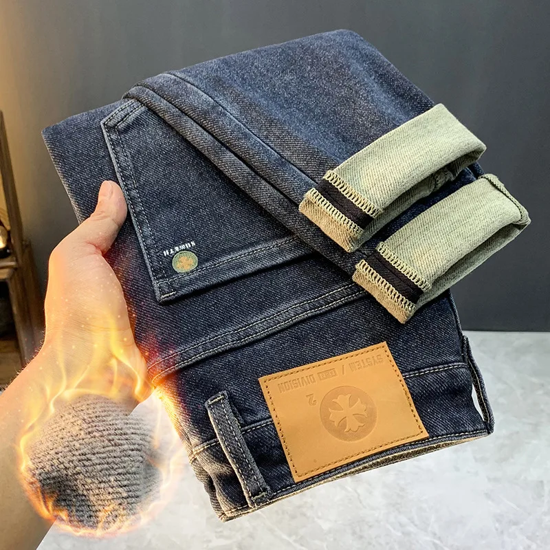 Winter New Thin Fleece High Quality Thick Jeans Men'S Stretch Straight Slim Comfortable Men'S Pants Fashion Brand Denim Long Pan