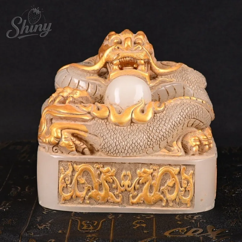 Antique Chinese Dragon Imperial Seal, Gilded Artificial Stone Sculpture for Wealth  Authority Blessing Feng Shui Ornament