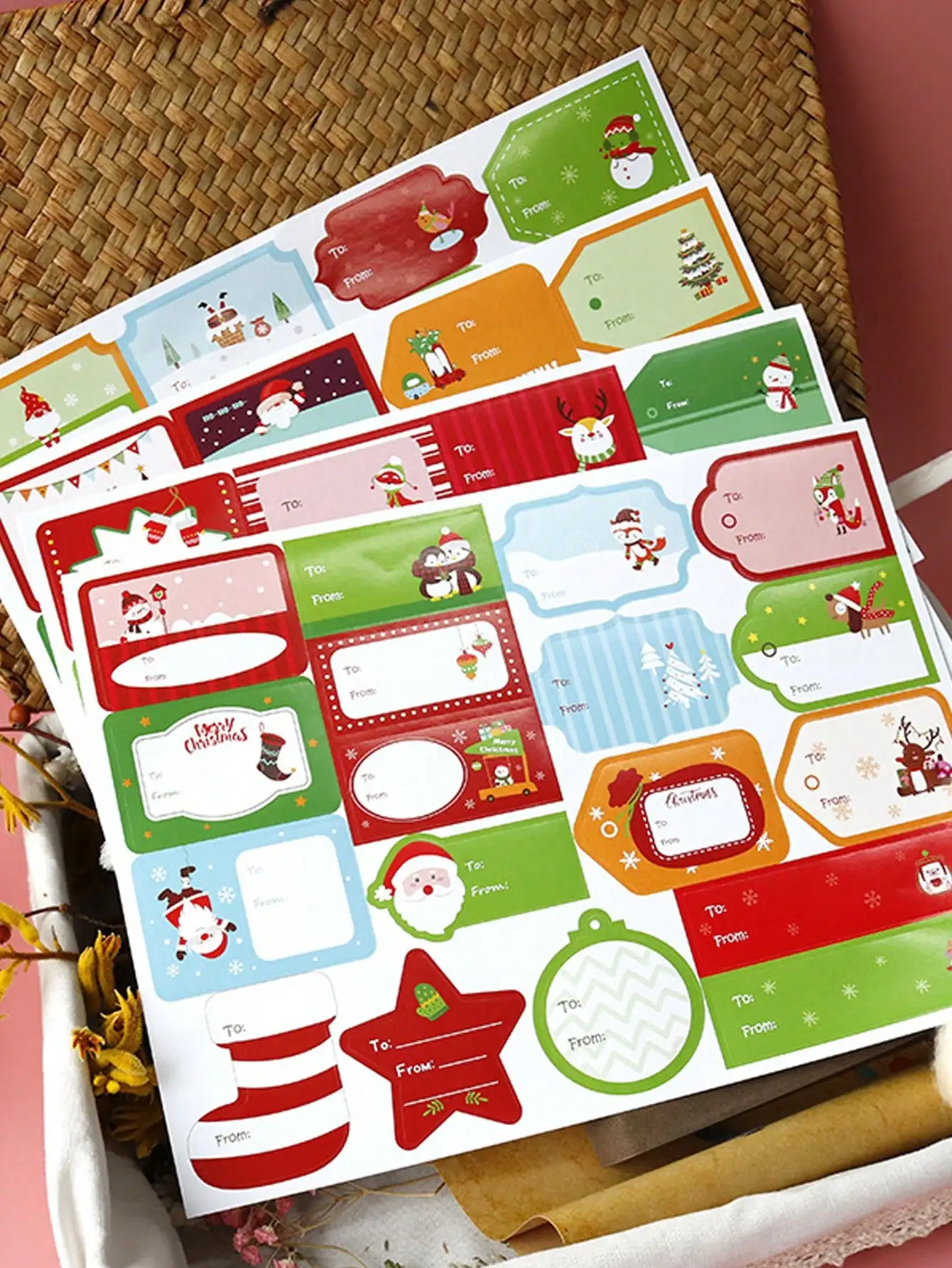 72pcs/4sheets Christmas Tags 8 Design Gift Sticker Name Tag with Santa Snowmen Xmas Tree Reindeer Bells Holiday Decorative Tag