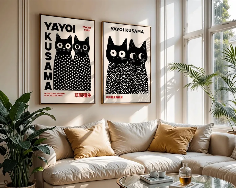 Conjunto de 2 Pôsteres de Gatos Yayoi Kusama em Tela, Impressão Moderna de Arte Pop sem Moldura, Arte de Gato Preto para Decoração de Sala de Estar e Quarto