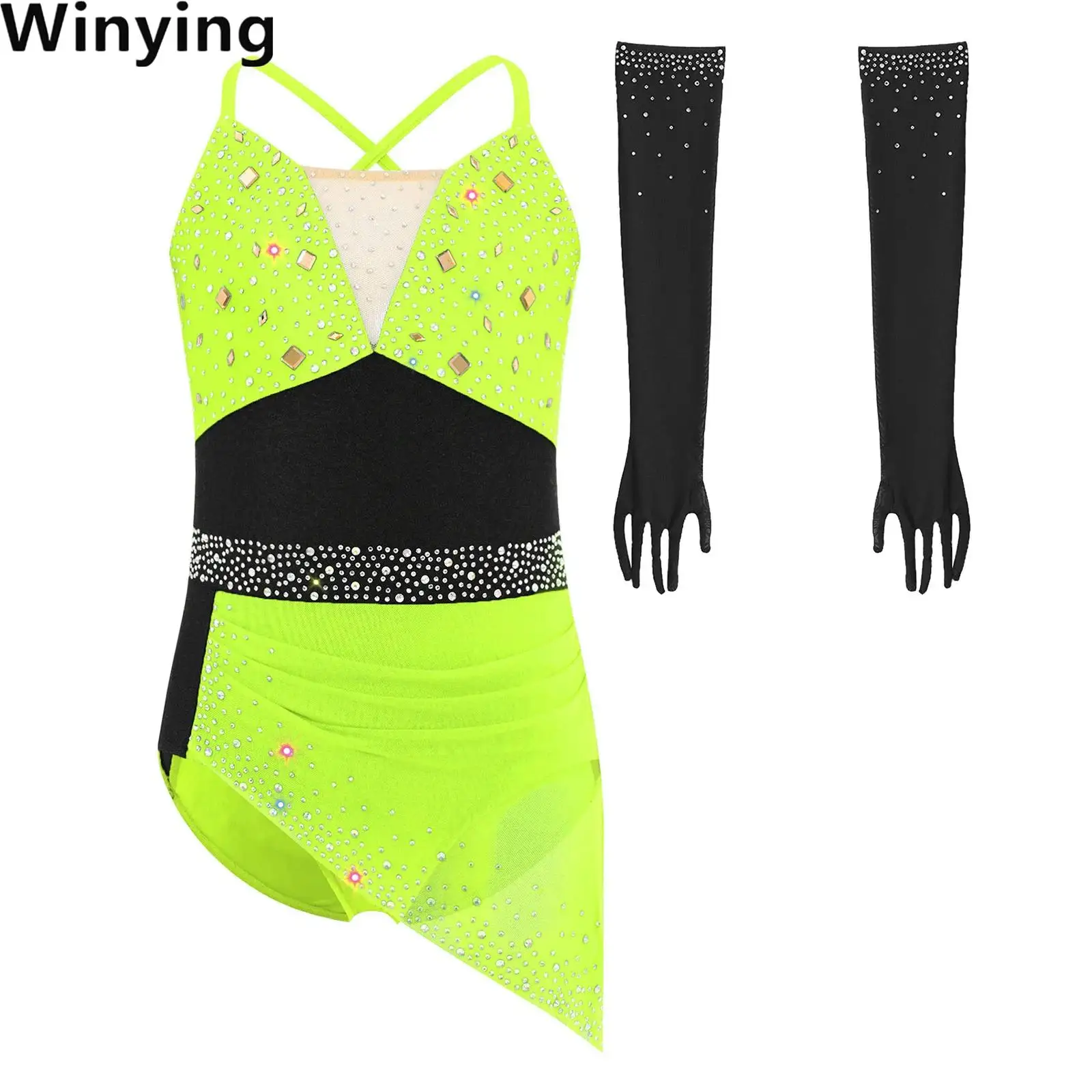 

Kid Girls Lyrical Jazz Tango Dance Outfit Sleeveless Sparkly Rhinestones Ruched Leotard Dress with Sheer Mesh Gloves Skating Set