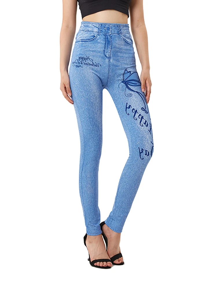 CUHAKCI-Jeans com letra falsa para mulheres, estampa borboleta, leggings elásticos, calças de cintura alta, calças jeans casuais, plus size