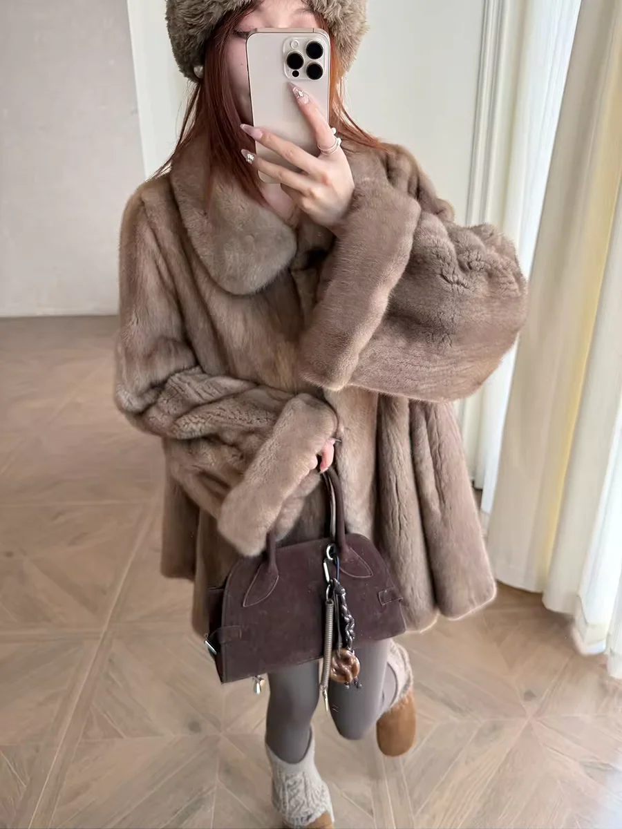 Lautaro Autumn Winter Thick Warm Brown Faux Mink Fur Coat Women Turn-Down Collar Soft Luxury Elegant Chic Fluffy Jacket Clothes