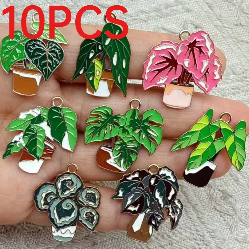 10Pcs Alloy Enamel Potted Green Plant Charms Succulent Leaf Pendants DIY Jewelry Supplies For Bracelet Earring Necklace