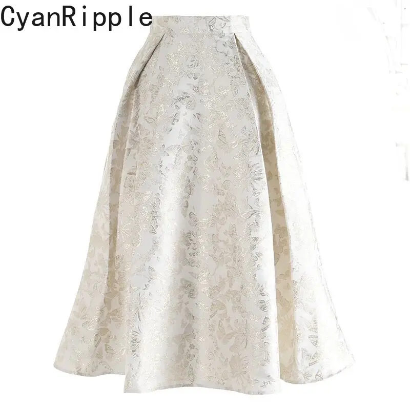 High Quality New Spring Autumn Large Bottom Vintage Jacquard A-line Skirt Elegant Butterfly High Waist Mid-long Casual Skirts