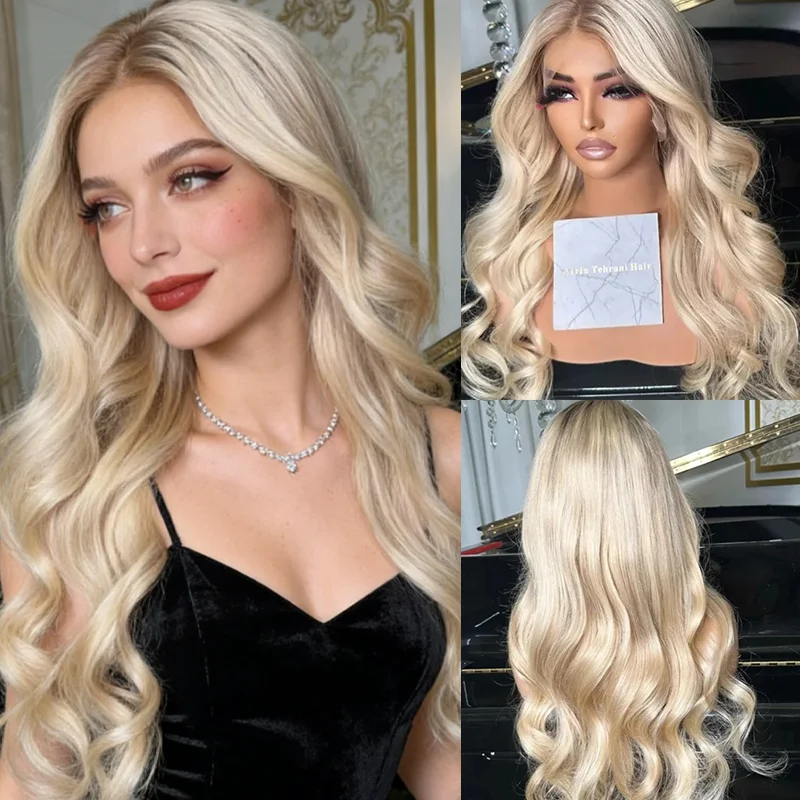 Blonde wig columbina cosplay Lace Front Wigs for Women Ombre Blond Brown Roots Natural Hairline Synthetic blend Human Hair Wigs