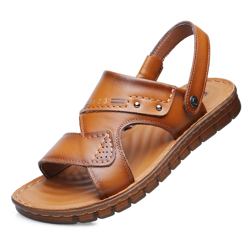 

Casual Men's Leather Sandals Thick Bottom Slip-On Summer Anti-Slip Wear-Resistant Large Size Slippers Comfortable Breathable