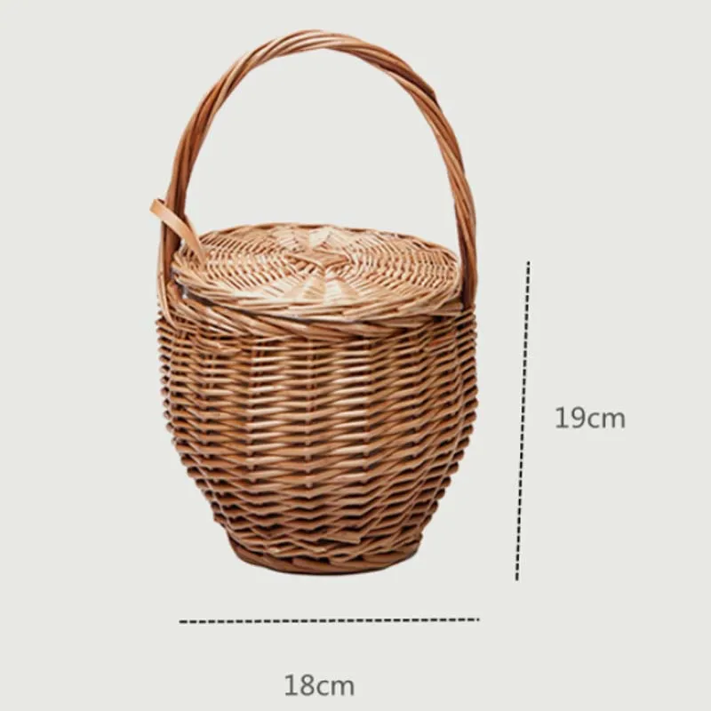 Hand Woven Wicker Basket Bag Women Summer Beach Natural Rattan Straw Bucket Totes Handmade Woven Handbag