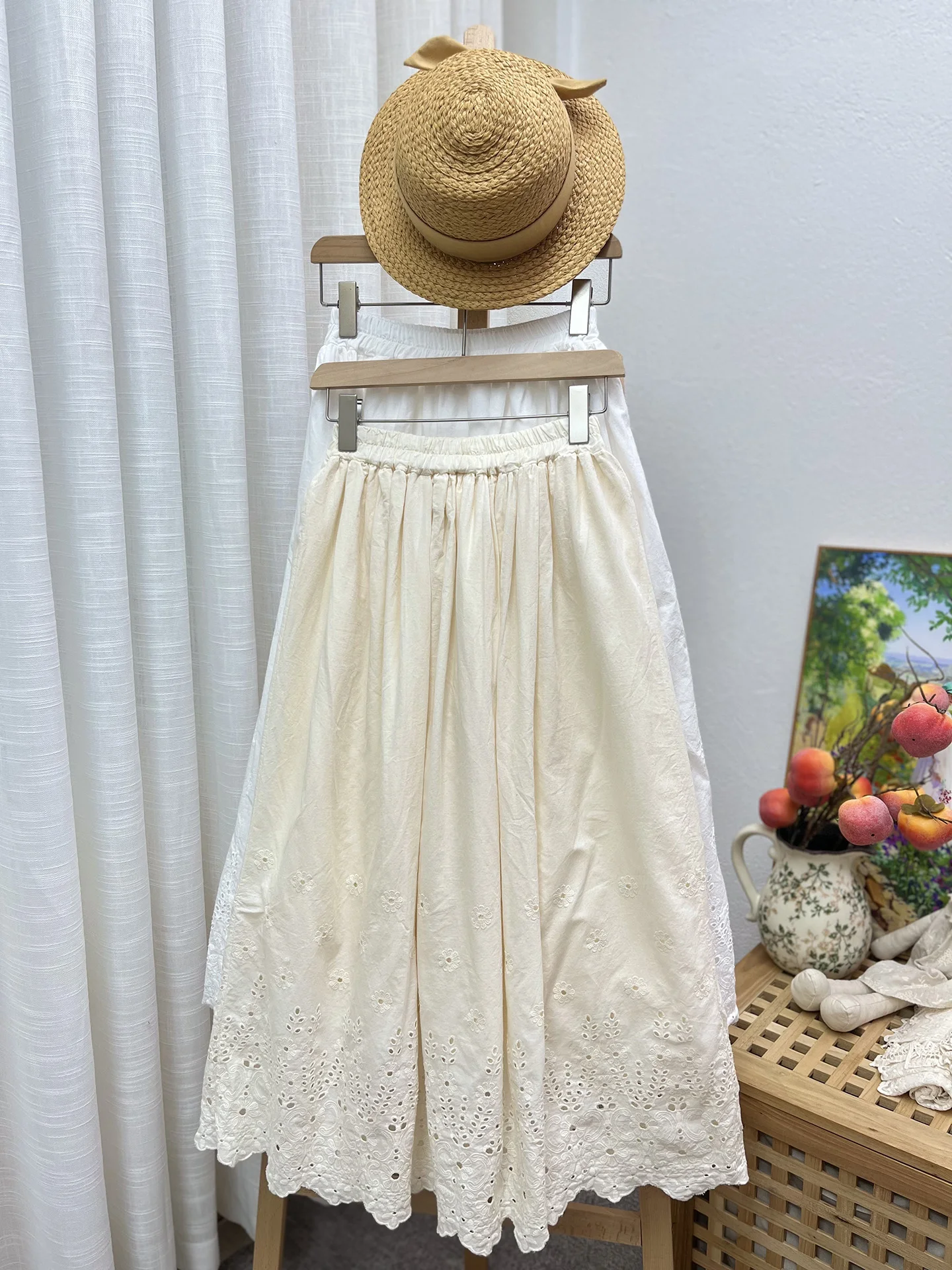 

Сладкая цветочная вышивка с эластичной резинкой на талии, свободная повседневная юбка-миди из чистого хлопка для женщин, повседневная одежда, трапециевидная юбка...