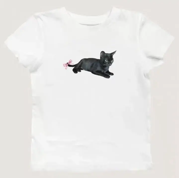 Cat With Bow Preppy Baby Tee Coquette Clothing 90s Style Short Sleeve Tee For Women Aesthetic Clothing Cat lover Top Y2k T-shirt