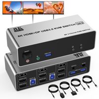 8K Displayport + HDMI KVM Switch 3 Monitors 2 Computers USB 3.0-8K@60Hz Triple Monitor KVM Switch for 2 Computers,with Audio Mic